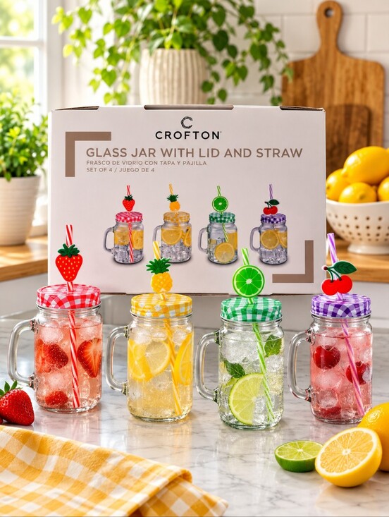Croton Other - Crofton Glass Mason Jar Mugs with Lids & Straw Set